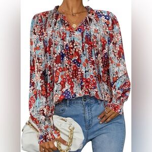 Dokotoo - Red, Blue, White Floral Print Women's Blouse
